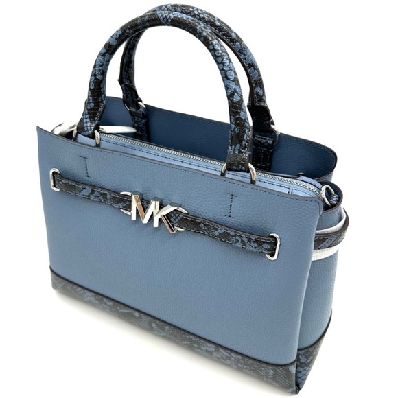 Michael Kors Large Reed Leather Belted Satchel Crossbody Bag Blue Snakeskin - Picture 6 of 12